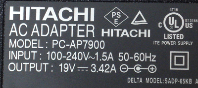 【中古】 HITACHI純正ACアダプタ PC-AP7900 19V-3.42A (外径5.0mm/内径1.7mm)_画像2