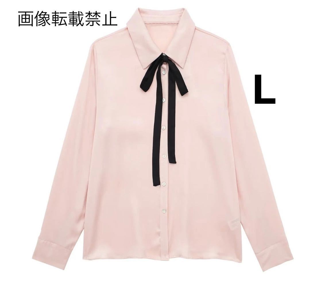 pink vintage ヴィンテージ レトロ サテン ボウタイ シャツ ブラウス トップス Lサイズ レディース★ZARA 好きな方に★2024 早春新作 新品_画像1