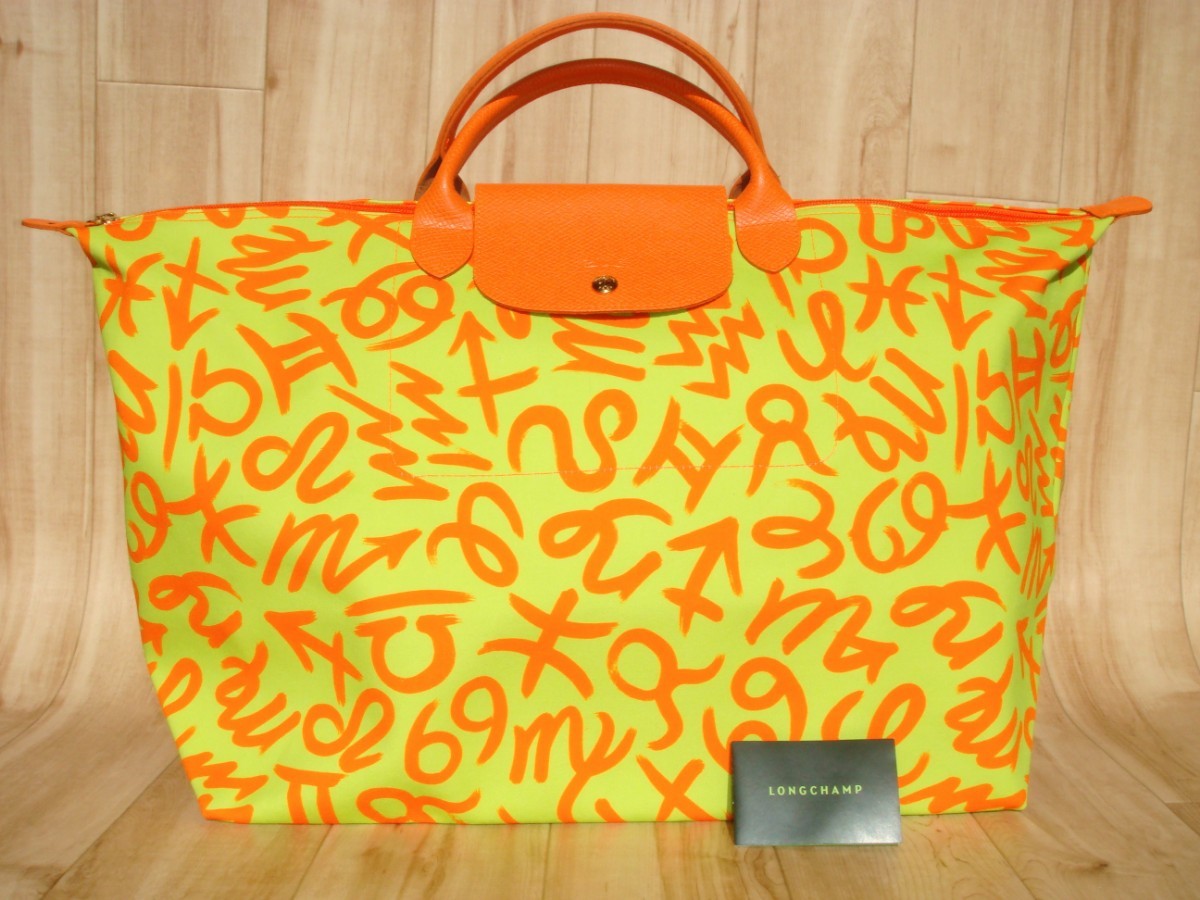 送料無料 未使用 JEREMY SCOTT × LONGCHAMP ロンシャン ジェレミースコット トートバッグ バッグ 鞄 黄緑 オレンジ 大きい ボストンバッグ_画像1