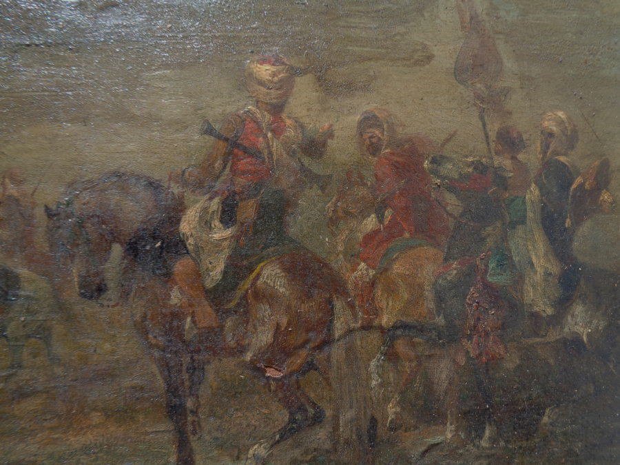 19世紀末前後の時代保証 フランス絵画 サイン痕跡ありますが判別不明 作家不詳 マグレブ諸国(モロッコ、チュニジア等)の騎馬隊図8号_画像1