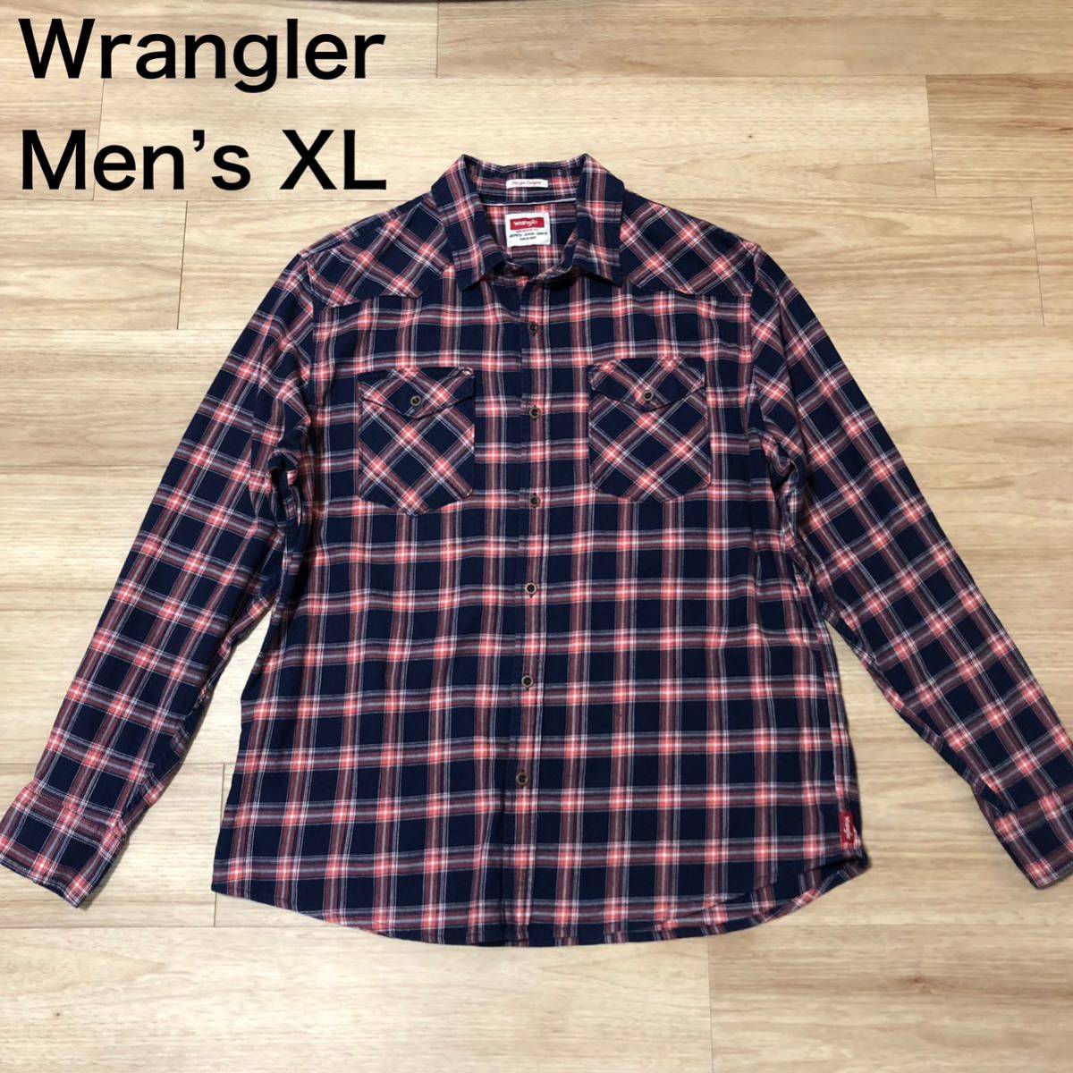【送料無料】Wrangler 長袖シャツ　ネイビーピンクチェック柄　メンズXLサイズ　ラングラーネルシャツ_画像1