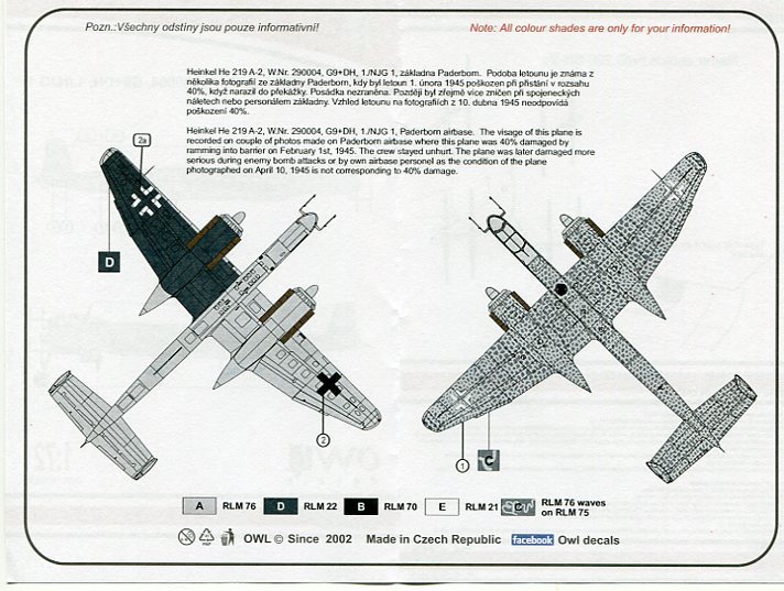 1/72 オウルデカール　ハインケル He 219A-2　1./NJG1_画像2