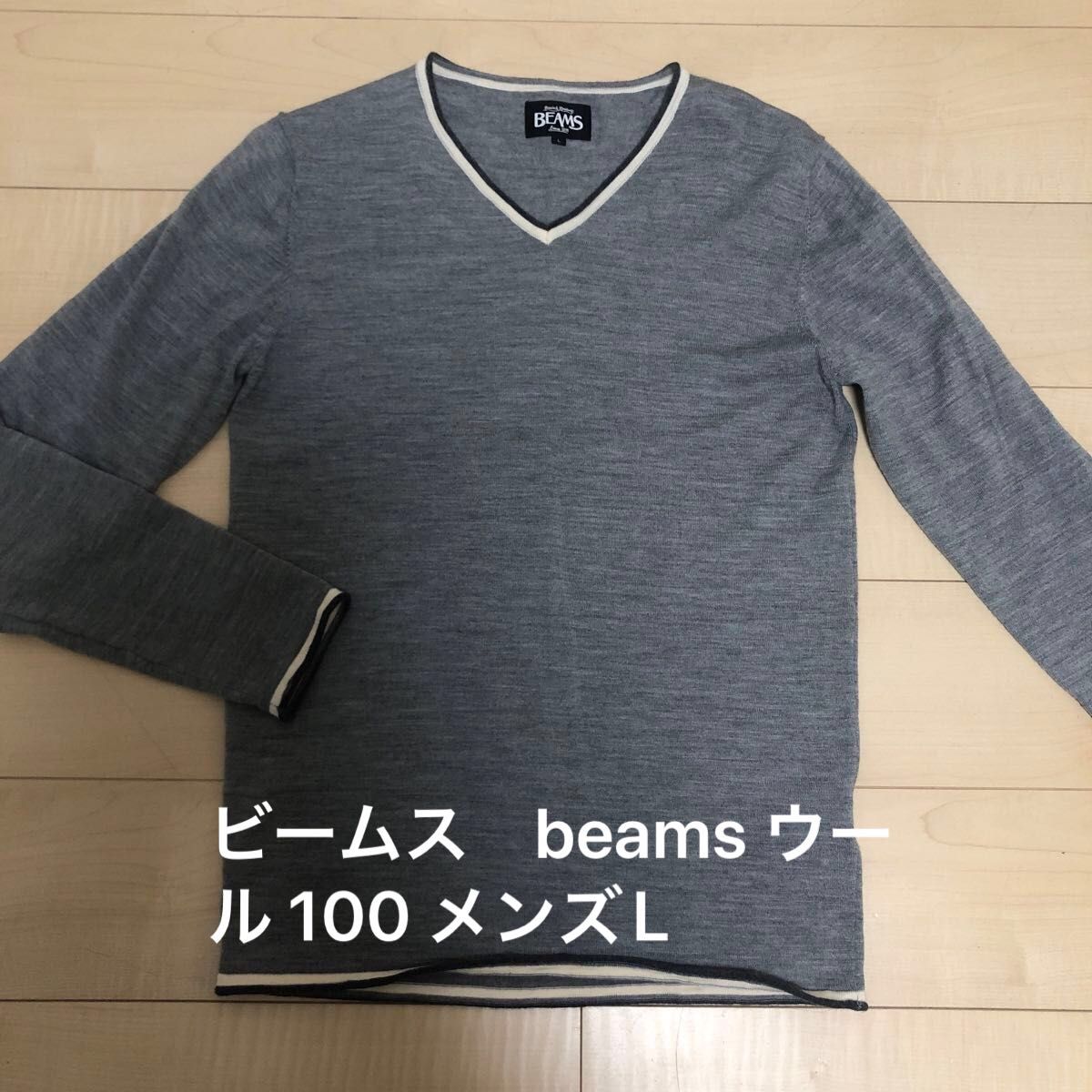 ビームス　beams 毛100 ウール 100 グレー　セーター　メンズL 長袖 ニット Vネックセーター　薄手　シンプル