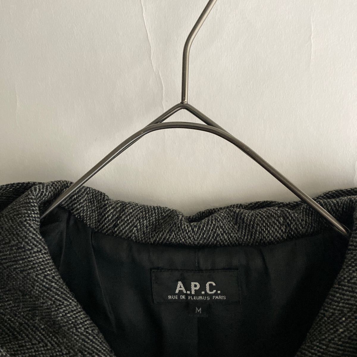 【フランス製】 A.P.C. アーペーセー ウール ヘリンボーン フーデッド コート ヘヴィーアウター ベーシック グレー size M_画像4