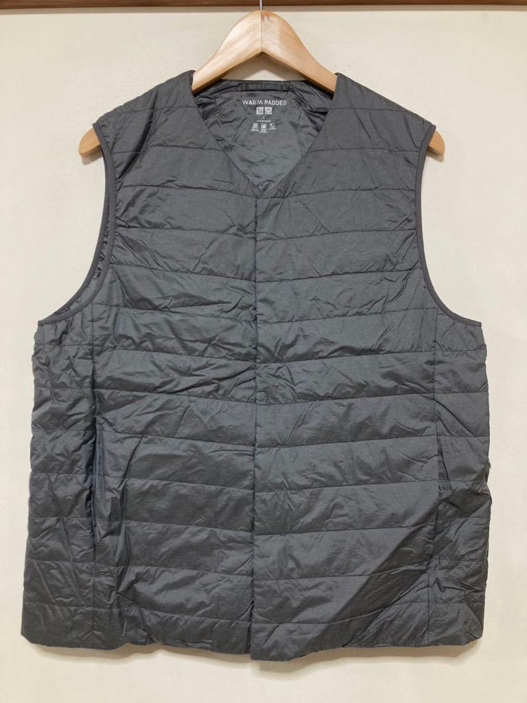 る1236 UNIQLO ユニクロ 中綿ベスト ノーカラー パフテックベスト L Vネックタイプ ダークグレー コンパクト WARM PADDED_画像1