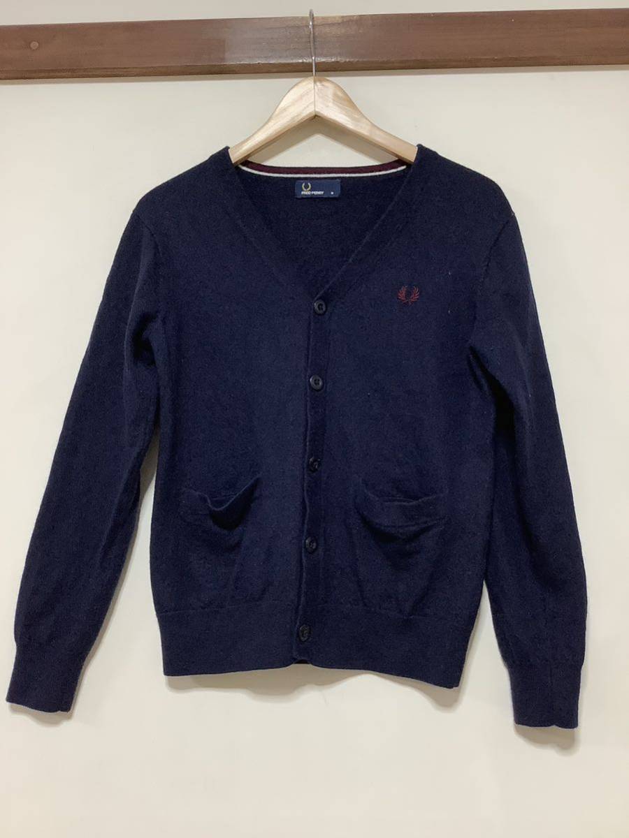 よ1256 FRED PERRY フレッドペリー ウールカーディガン M ネイビー_画像1