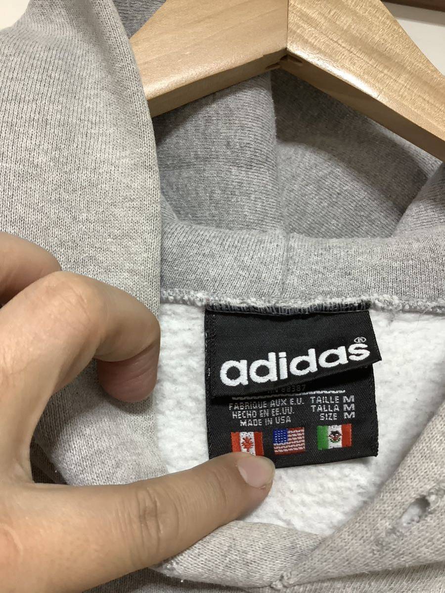 り1291 USA製 adidas アディダス 90's ビンテージ ロゴ刺繍 スウェットパーカー M グレー HOODIE フーディー ストリート プルオーバー _画像3