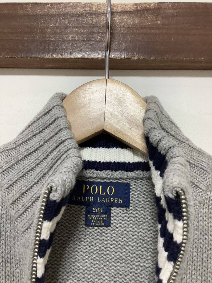 る1244 POLO Ralph Lauren ポロ ラルフローレン ジップアップコットンニット S (8) ビッグポニー グレー コストコ キッズ_画像3