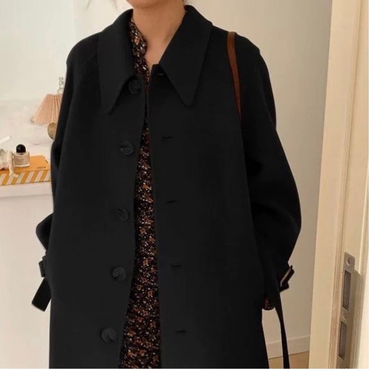ロングコート コート ブラック 黒 通勤 通学 OL 上品 無地 体型カバー シンプル Lサイズ 大人 可愛い 韓国 ベルト付き