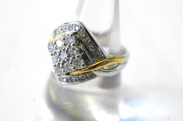 ○新品同様 イエローゴールド K18 プラチナ Pt850 ダイヤ 1.10ct 指輪 リング 12.2g R0071_画像2
