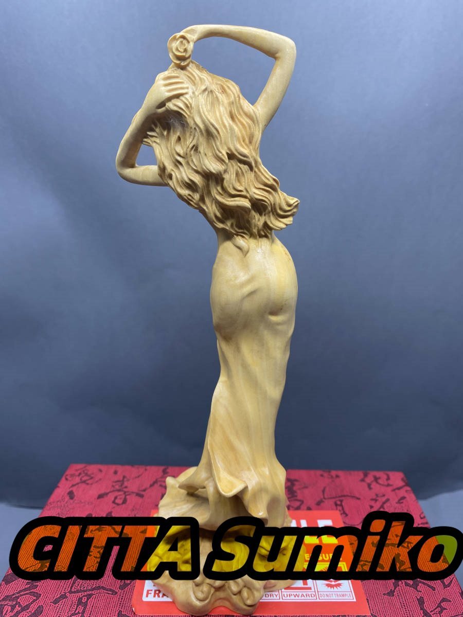 A815 美少女 東洋彫刻 天然木・置物・柘植製・木彫り・細密彫刻・総高20.5cm_画像3