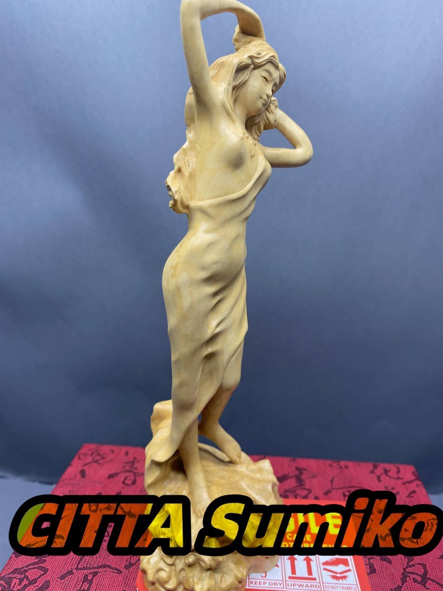 A815 美少女 東洋彫刻 天然木・置物・柘植製・木彫り・細密彫刻・総高20.5cm_画像4