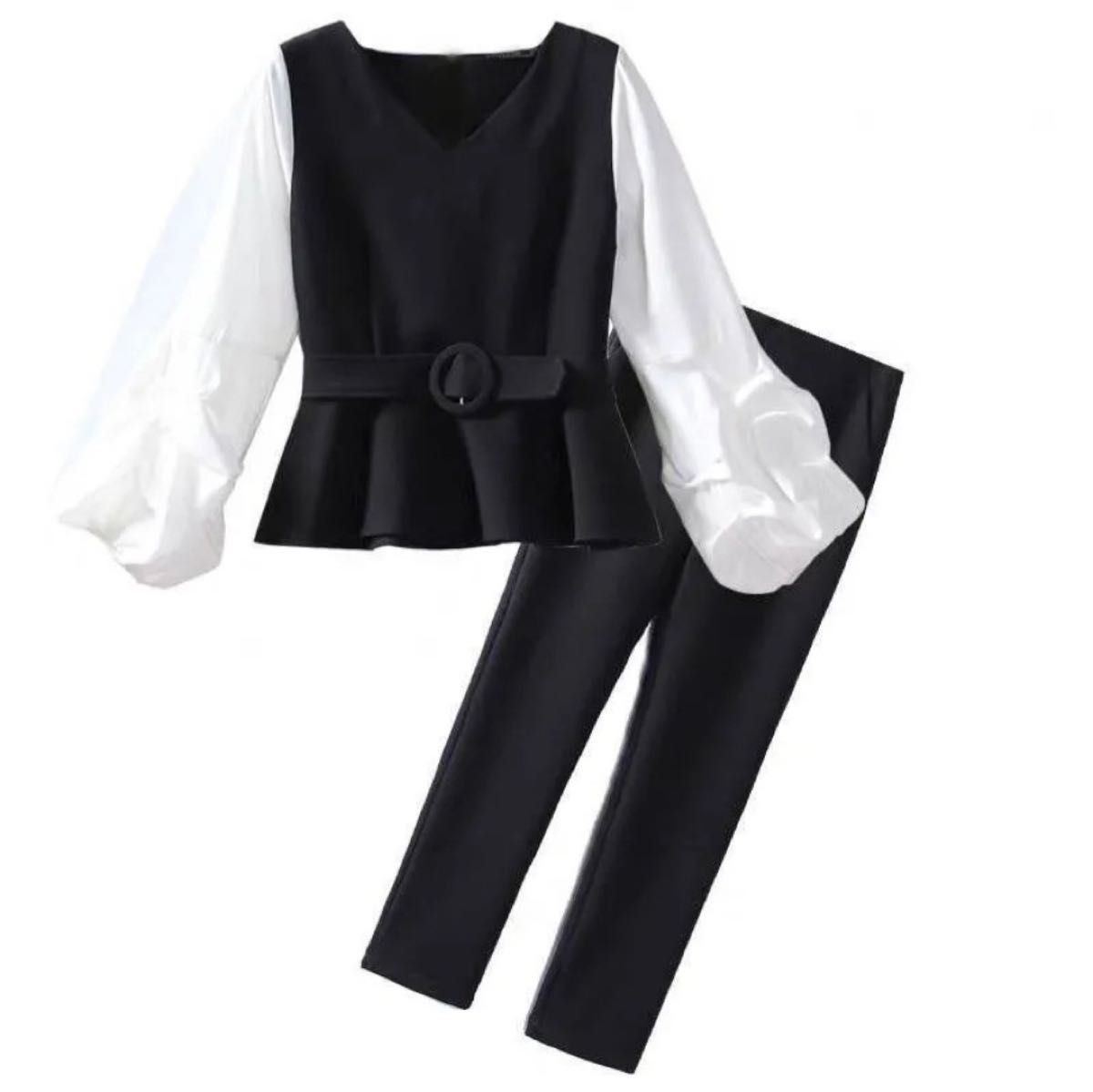 レディース　スーツ　パンツスーツ　フォーマル　Lセットアップ　ベルト付き　可愛い　結婚式　入学式　入園式 ブラック パンツ