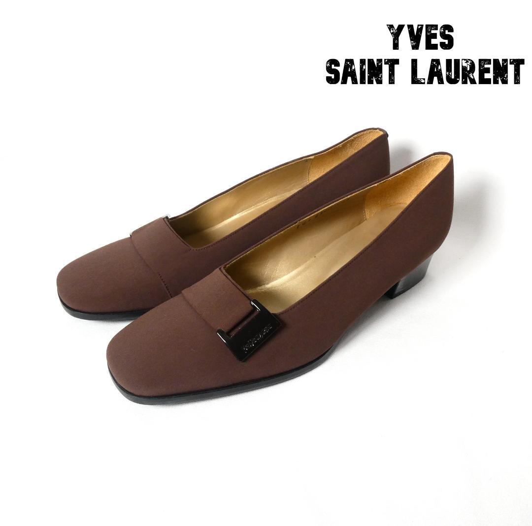 極美品 Yves Saint Laurent イヴサンローラン ファブリック プレートロゴ スクエアトゥ ローヒール パンプス 36.5 約23.5㎝ ブラウン A2712