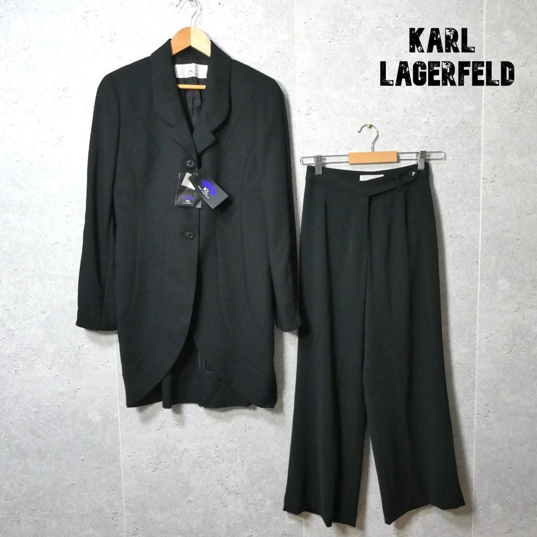 美品 Karl Lagerfeld カールラガーフェルド ロング丈 シングル テーラードジャケット ワイドパンツ セットアップ 38 36 黒 ブラック A2672