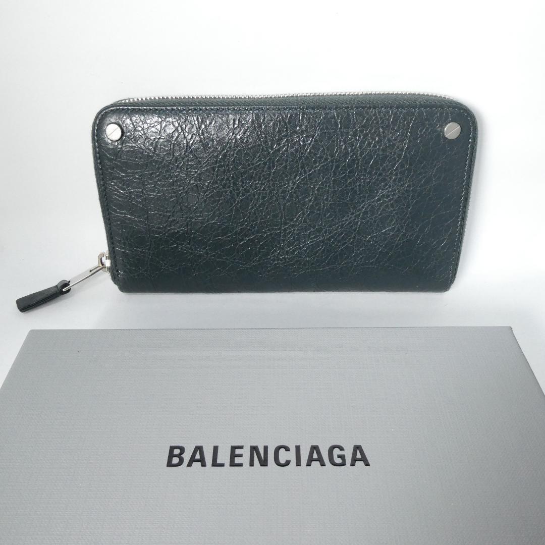 美品 BALENCIAGA バレンシアガ レザー ラウンドファスナー 小銭入れあり 長財布 ロングウォレット グリーン系 A2682