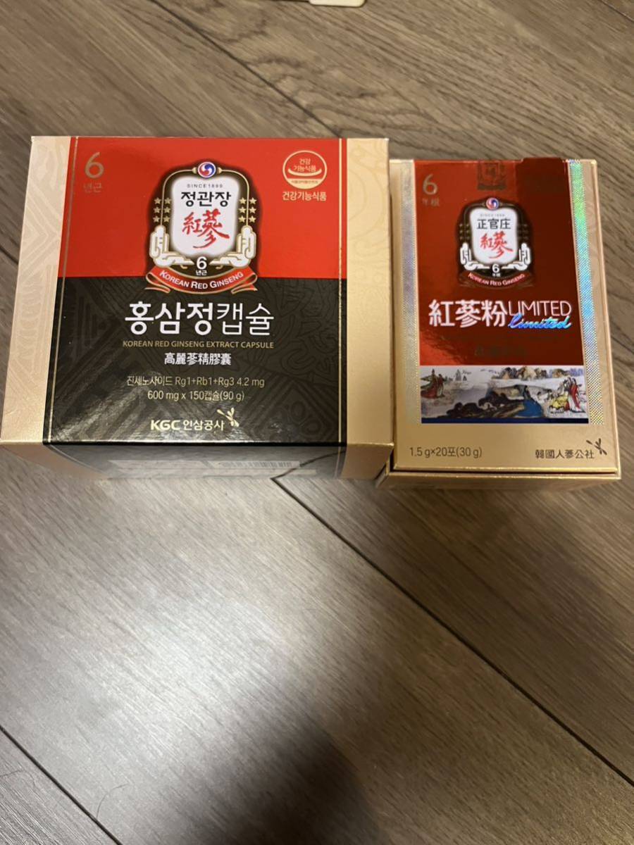 高麗人参茶　KGC 正官庄 6年根Korean ginseng extract capsules 600mg x150カプセル/Korean ginseng 粉 1.5g x10包 訳あり_画像1