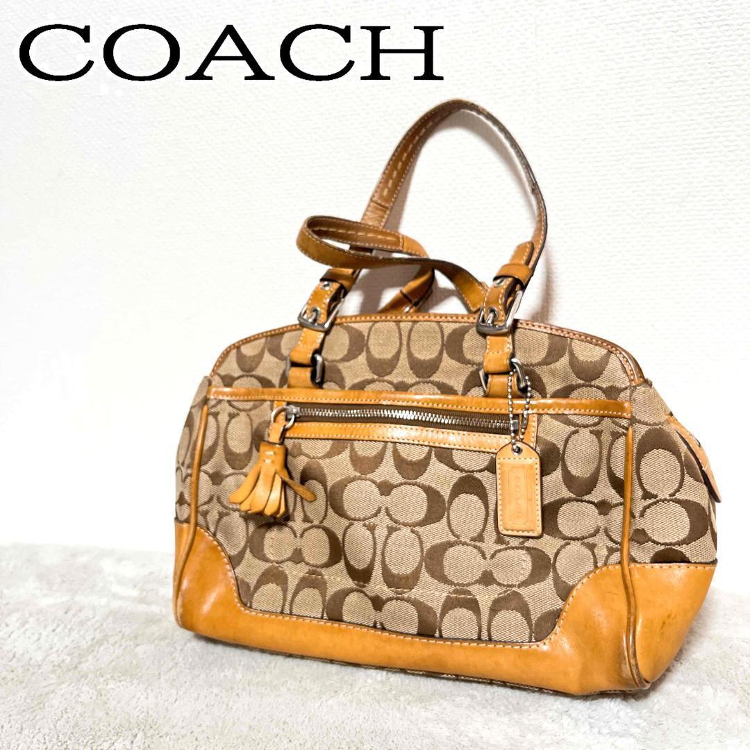 美品COACHコーチハンドバッグトートバッグブラウン茶キャメルシグネチャー総柄