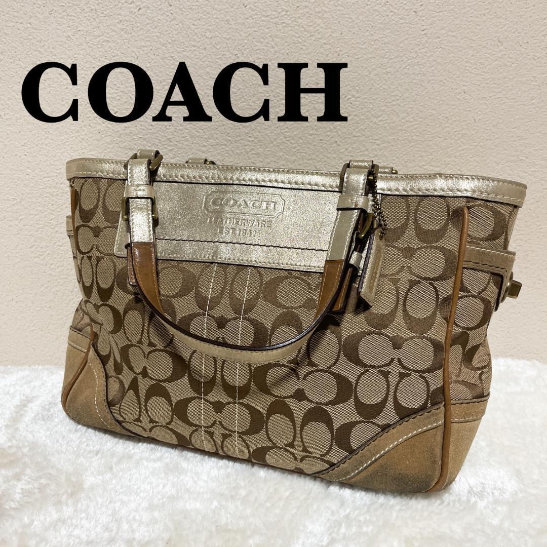 美品COACHコーチセミショルダーバッグトートバッグブラウン茶シグネチャー総柄_画像1