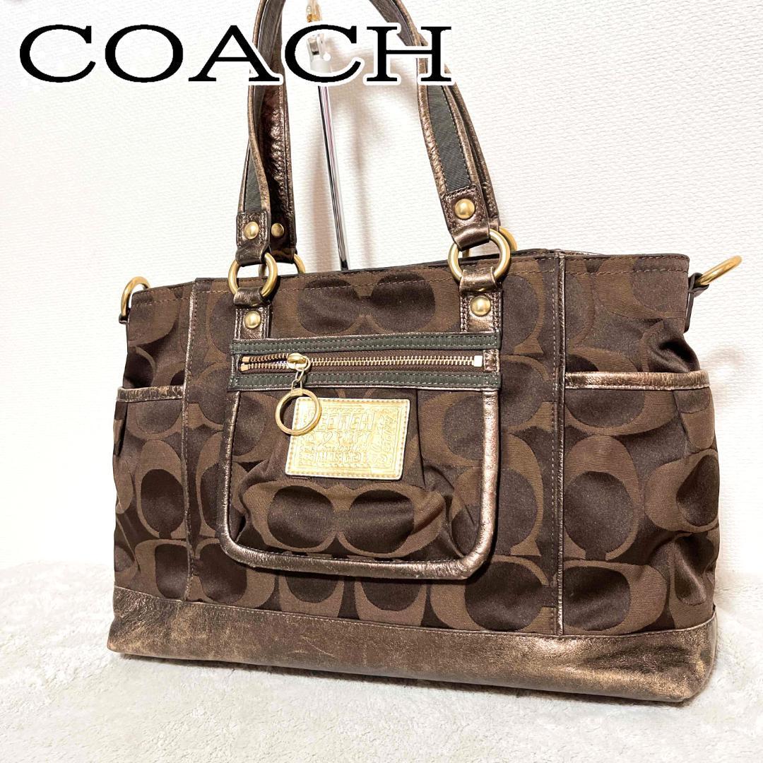 美品COACHコーチセミショルダーバッグトートバッグブラウン茶シグネチャー総柄_画像1