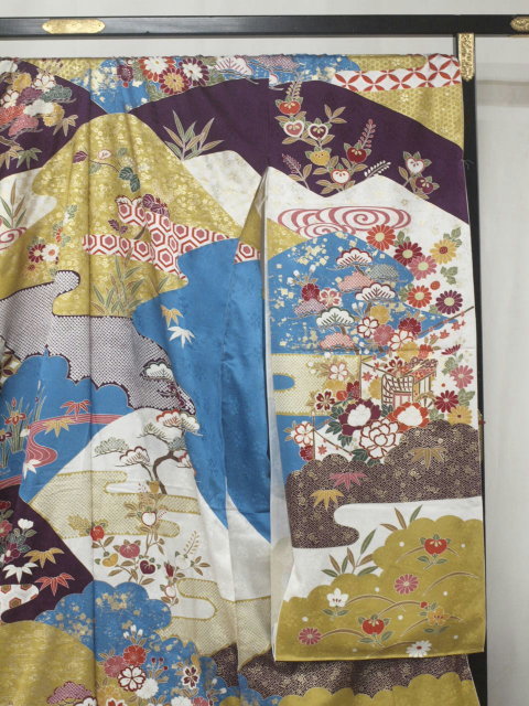  simplified 0501 silk Kyouyuuzen long-sleeved kimono light blue / yellow earth pine bamboo plum * four season . flower *. place car *..