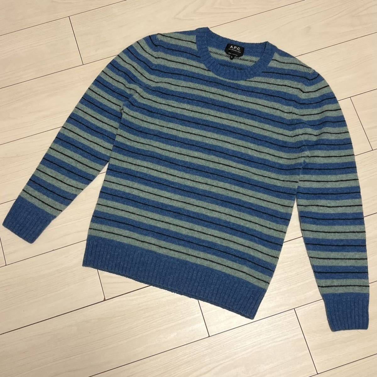 美品 A.P.C. アーペーセー クルーネック ボーダーニット M ブルー系 ルーマニア製 24216-1-85971 ウール100% 長袖 セーター メンズ_画像1