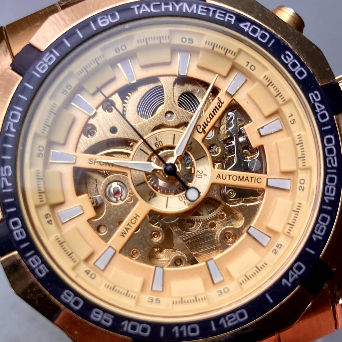 【動作品】スケルトン 腕時計 メンズ 自動巻き 男性 ゴールド ノーブランド ケース径46㎜ ラウンド型 金色 ゴールドカラー_画像3