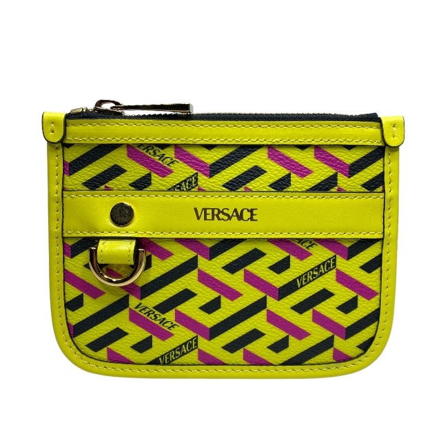 【新品】VERSACE ヴェルサーチ ポーチ 小物入れ ミニポーチ コインケース ロゴ 総柄 レザー イエロー ピンク ブラック