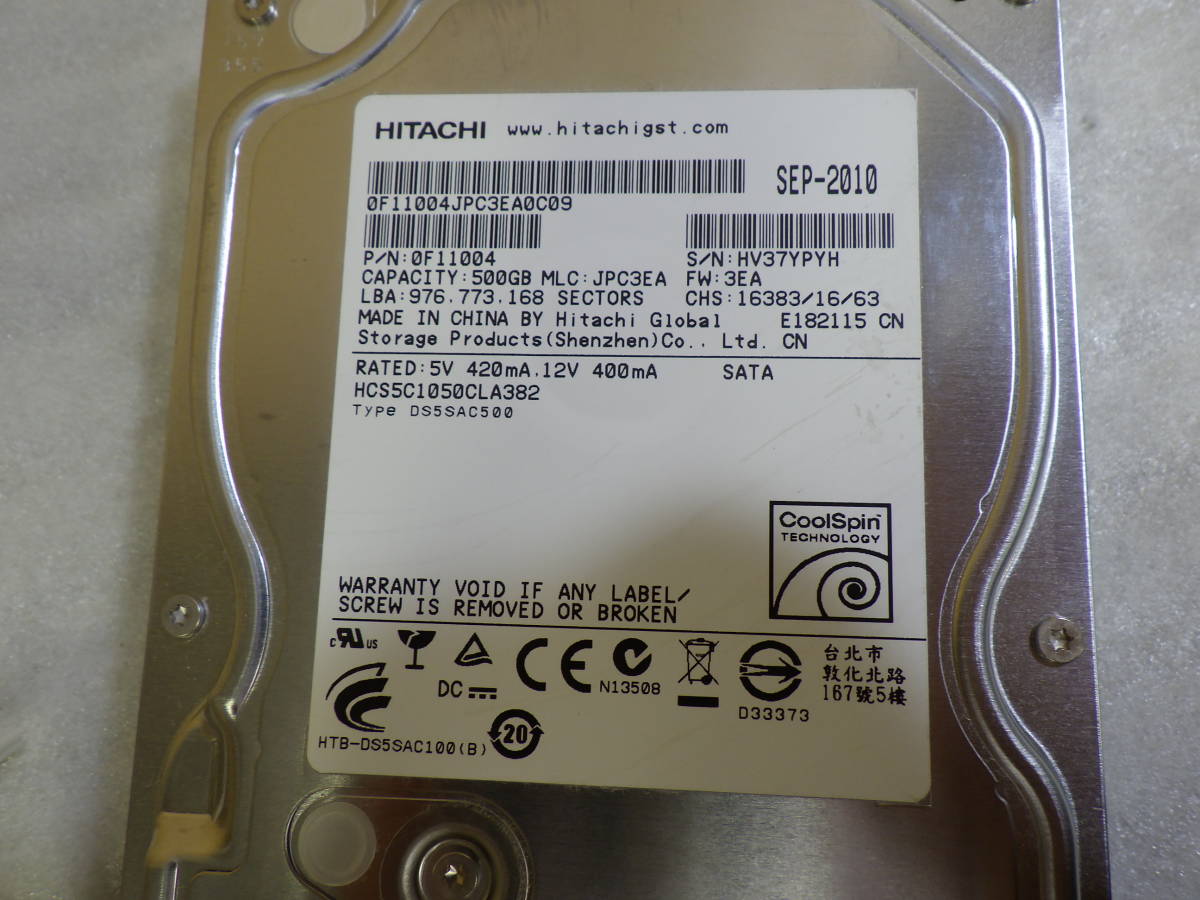 SONY ブルーレイレコーダー BDZ-AT300S から取外した 純正 HDD 500GB HItachi HCS5C1050CLA382 動作品保証#MH00239_画像2