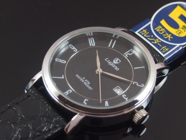 Lugano(ルガノ)メンズ腕時計　PUレザーベルト　日本製ムーブメント　カレンダー表示　5気圧防水　カジュアル