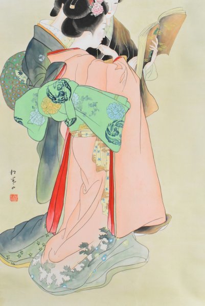 K2931 模写 上村松園「美人図」絹本 合箱 竹内栖鳳師事 人物画 女流画家 日本画 中国 書画 絵画 アンティーク 掛軸 掛け軸 人が書いたもの_画像4