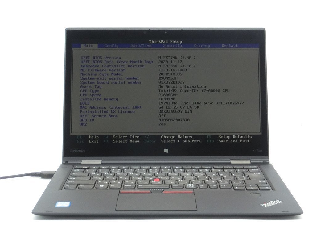 中古Lenovo ThinkPad X1 　Yoga　 第6世代COREI7　メモリ16GB　14型　　 BIOSまで表示　ノートパソコン　詳細不明　ジャンク扱い_画像1