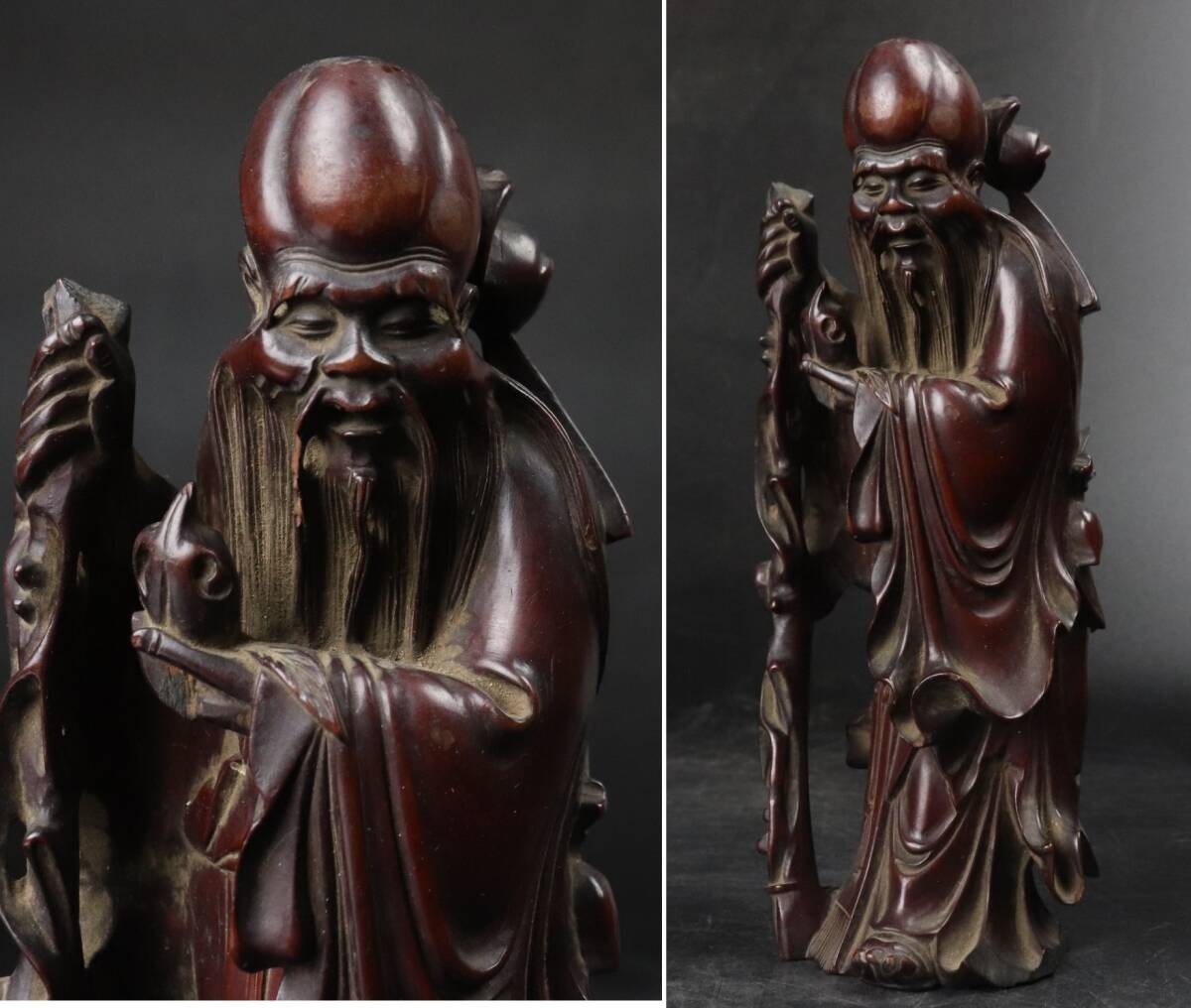 【T343】中国美術 明末 唐木 木彫 寿老人像 桃仙人 龍眼木 置物