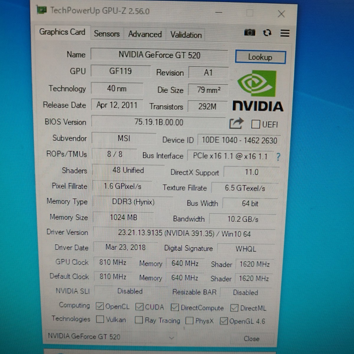 動作確認済み NVIDIA GeForce GTX GT520 1GB DDR3 HDMI DVI D-Sub ロープロファイル対応 補助電源不要_画像4