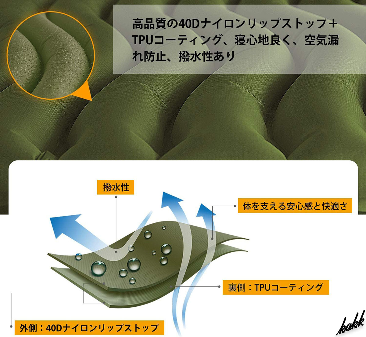 【人間工学設計波紋模様】 エアーマット 188×60cm 逆止弁 空気口カバー 超軽量 40Dリップストップナイロン キャンプ 防災 グリーン