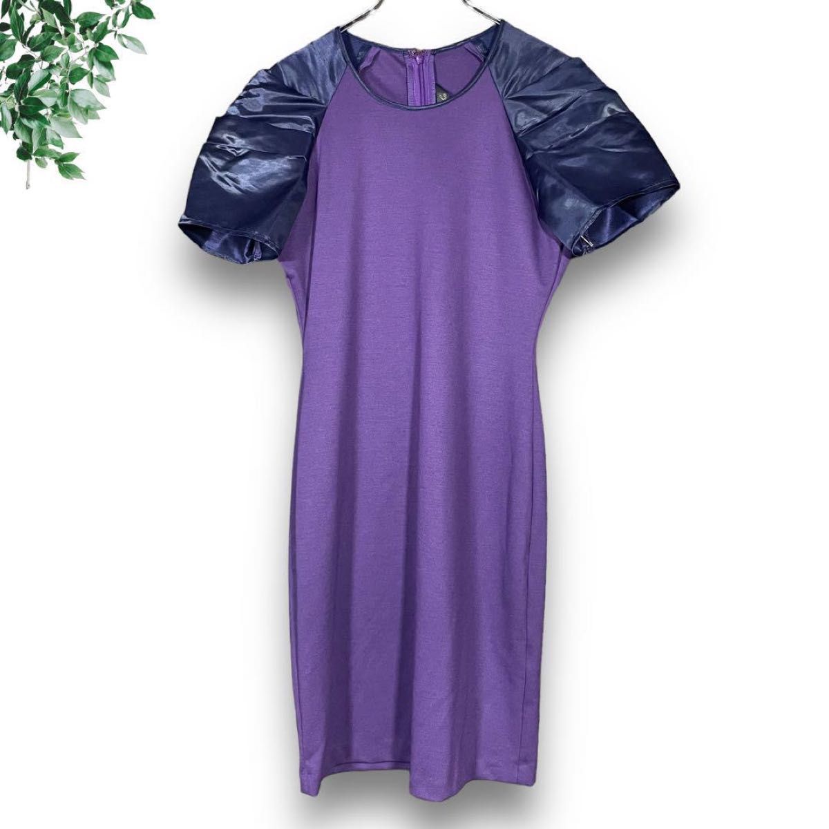 紫パープル　半袖ワンピース　ひざ丈　パーティ結婚式　衣装　フォーマル　ドレス　Mサイズ　ドレス　新品　未使用　美品