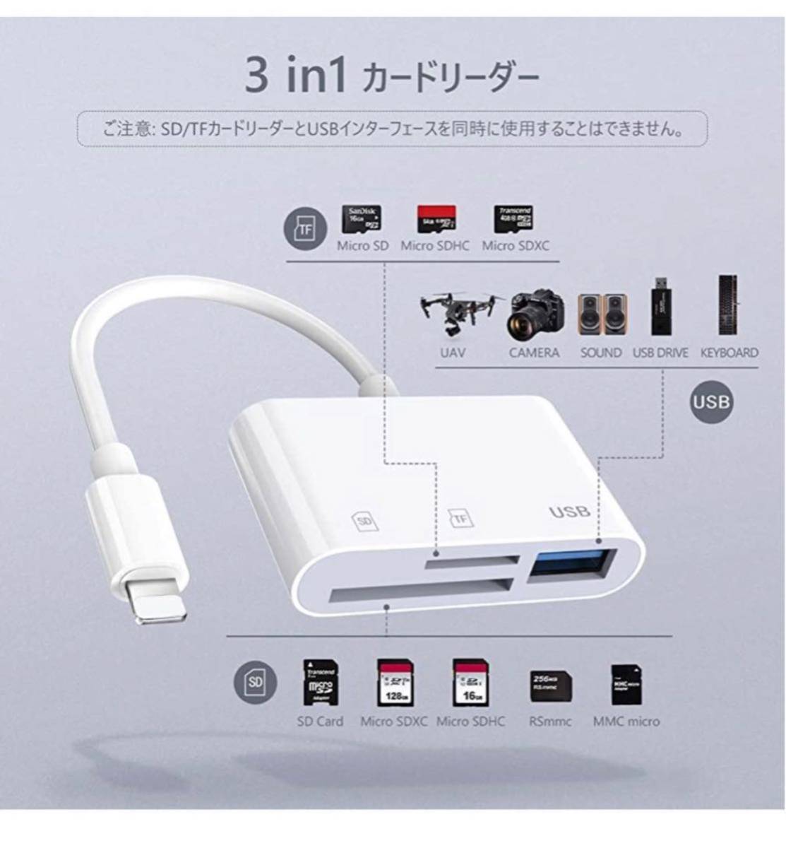 【2023MFi証品最新型】iPhone SDカードリーダー3in1 USB OTGカメラアダプタ双方向データ送信_画像5
