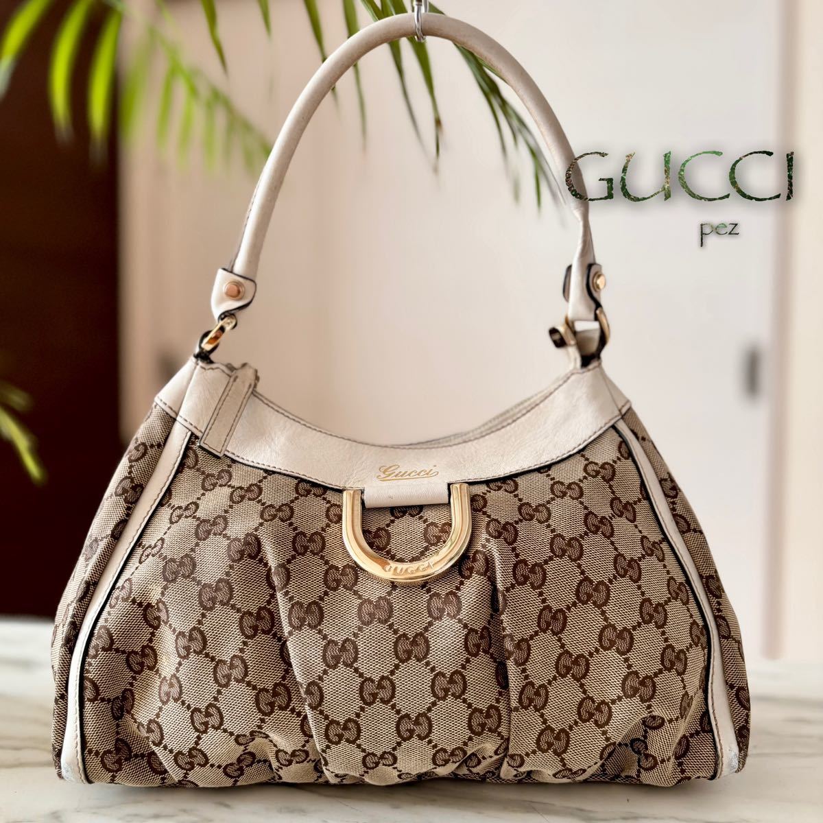 正規品 美品 GUCCI グッチ アビー レザーショルダーバッグ*レディース 本革 牛革 肩掛け ホワイト 白 ブラウン 茶 トート ハンド GG