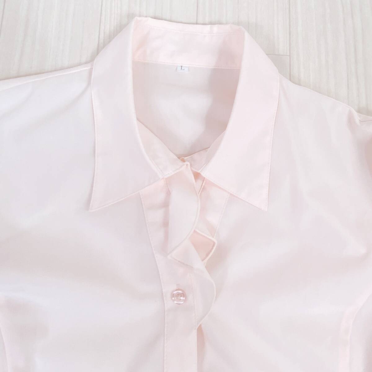 Z1186 美品 レディース 長袖 ワイシャツ ブラウス ライトピンク Lサイズ 万能 オフィススタイル スーツインナー かわいい シンプル USED_画像8