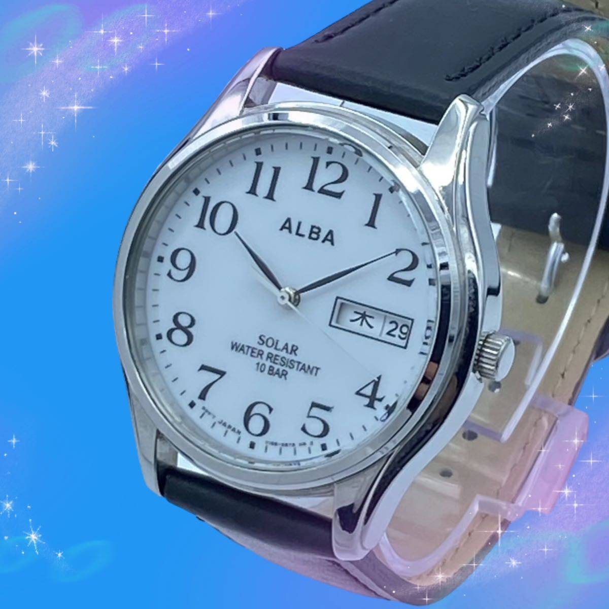 《美品　稼動品》　アルバ　防水　メンズ腕時計　ホワイト文字盤　ソーラー