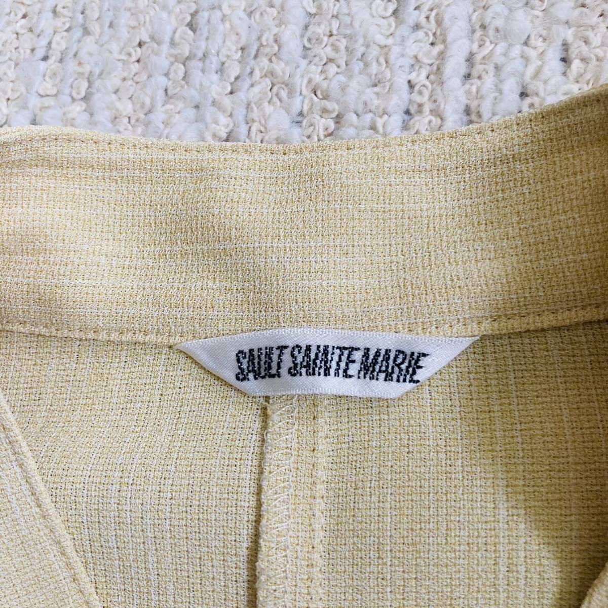【古着美品】SAULT SAINT MARIE ノーカラーシャツジャケット　織柄デザイン ボタン スリット　肩パッド　レトロ ベージュ系 9R Mサイズ相当_画像7