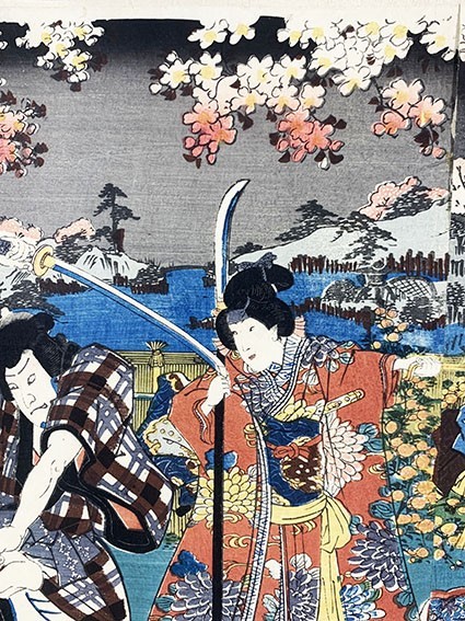 豊国三代「芝居絵」　3枚続　浮世絵　錦絵　木版画　36×74.5　歌川豊国　国貞　Toyokuni_画像6