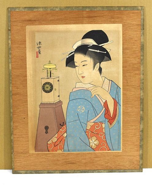 伊東深水版画「櫓時計」　木版画　版元シール　33×23.7　全体45.3×36.3　昭37_画像2