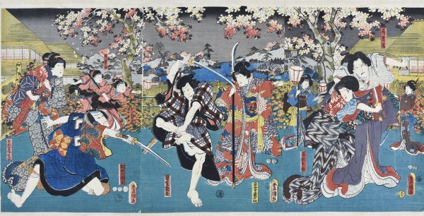 豊国三代「芝居絵」　3枚続　浮世絵　錦絵　木版画　36×74.5　歌川豊国　国貞　Toyokuni