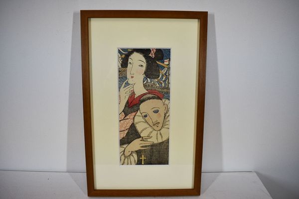 竹久夢二版画額「女人伴天連 麻利耶観音」 木版画 23.5×11 F 竹久夢二版画額「女人伴天連 麻利耶観音」 木版画 23.5×11 F
