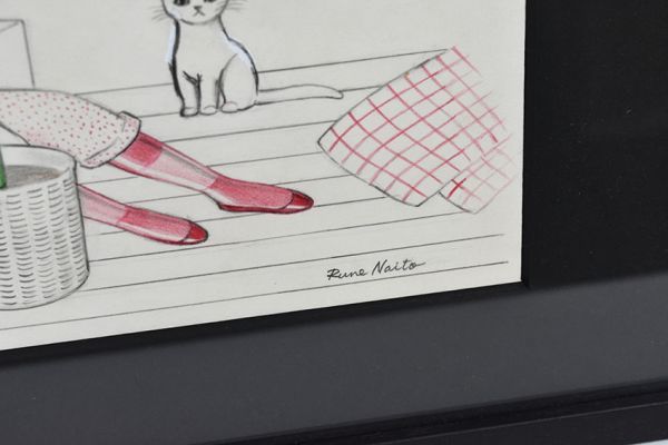  inside wistaria Rene work amount [ seat . woman . cat ] pencil color pencil paper autograph 25×30.5 F:36.7×44.5 Rune Naito