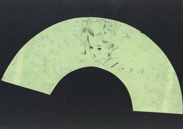 中原淳一作品「女性　緑」　インク　紙　サイン　20×42.5　Junichi Nakahara