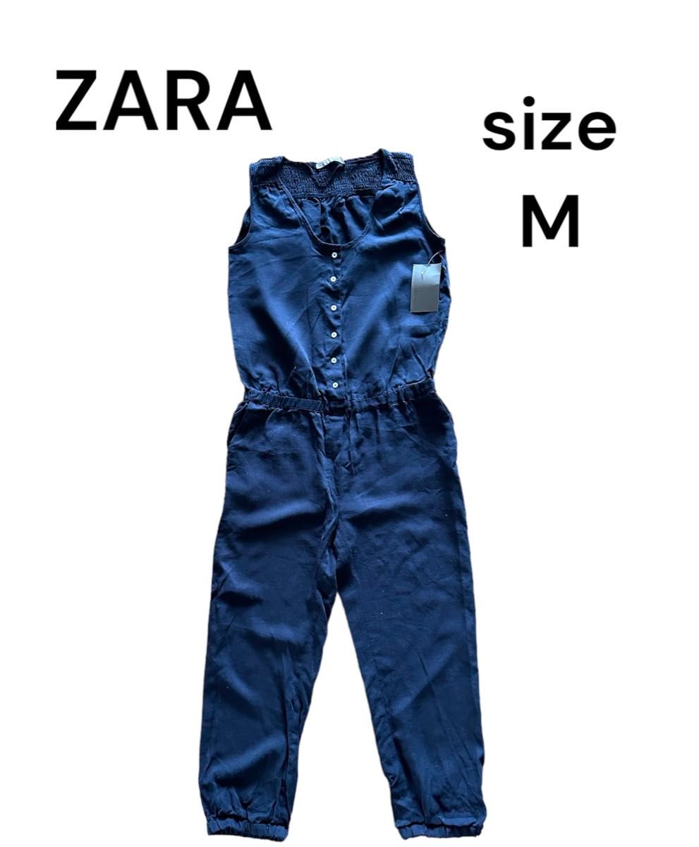 【新品未使用】ZARA（ザラ）ノースリーブオールインワンMネイビー　紺　サロペット　ウエストゴム つなぎ　 ワークウエア 