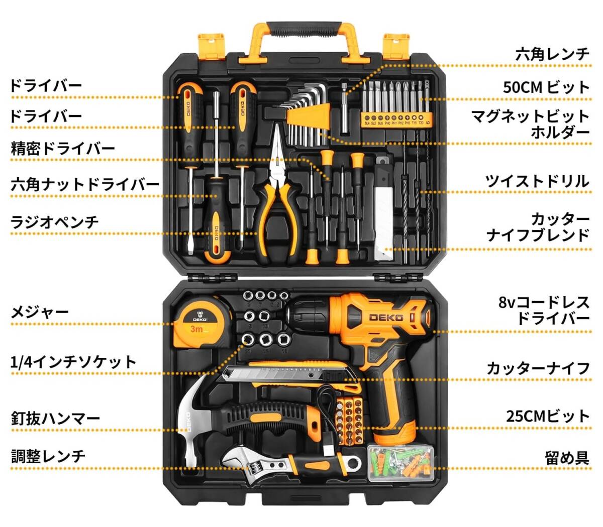 【8V電動ドリル付】126点組 工具セット ホームツールセット 家庭用 工具 DIYセット 作業工具セット 家具組み立て 修理道具 収納ケース