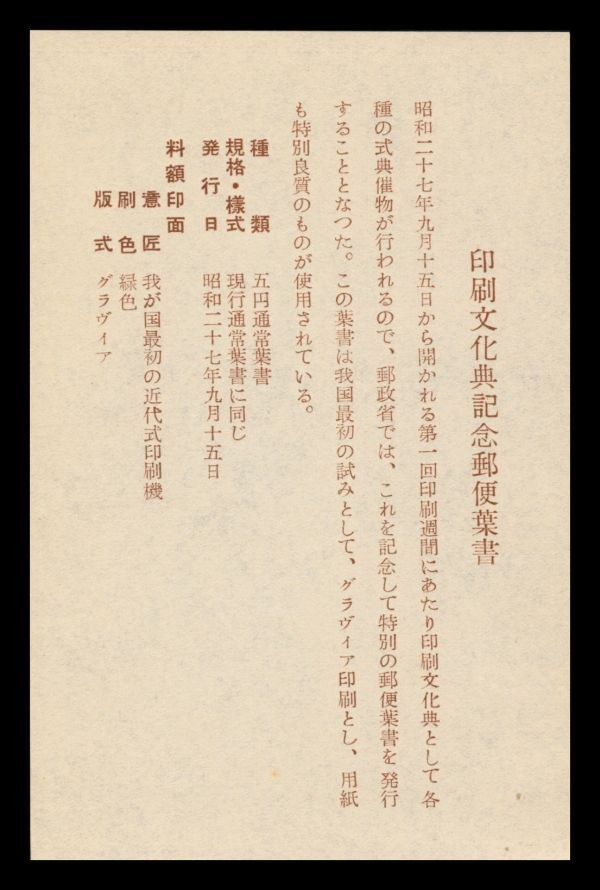 M35百円〜　贈呈用未使用葉書｜印刷文化典記念5円葉書　郵政省二つ折タトウ付　解説書付_画像3